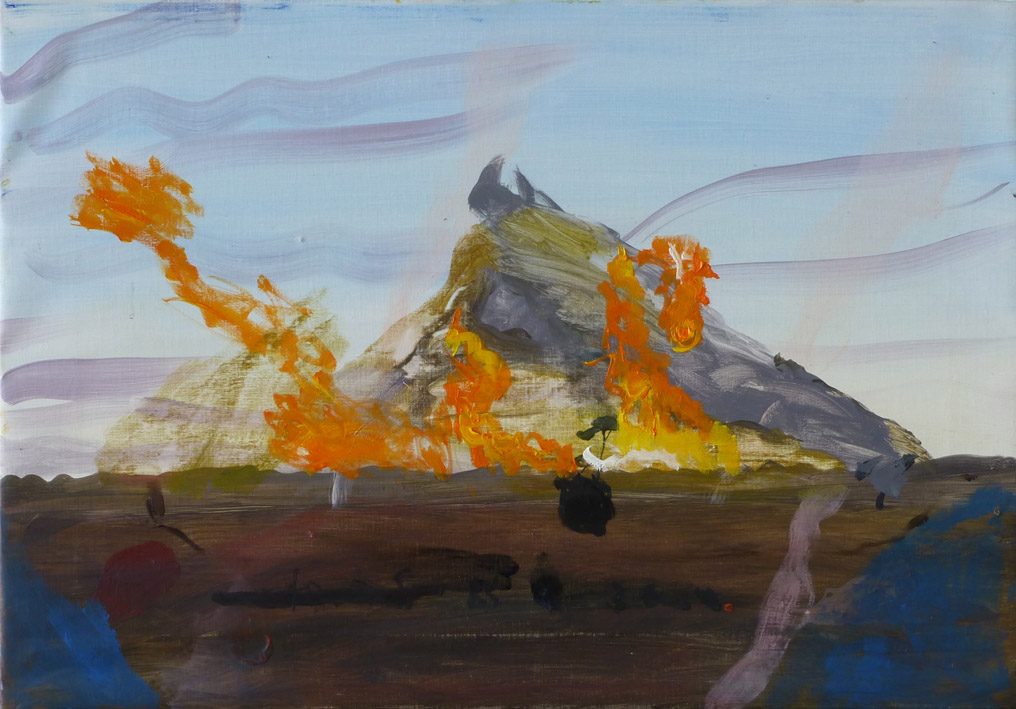 Eld framför berg, olja 2017, 43x52 cm